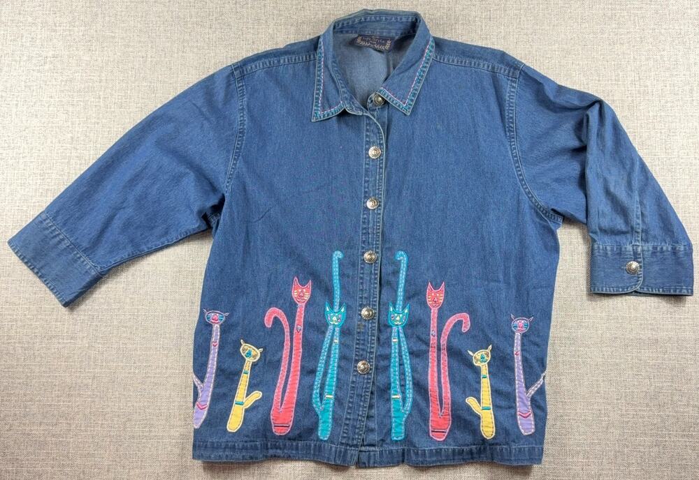Life Style Plus Denim Cat Shirt Womens Embroidered Applique Whimsical Novelty
